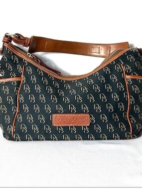 Dooney & Bourke Signature DB Logo Canvas Shoulder Bag Black Brown Leather